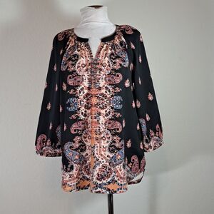 Beach Lunch Lounge Women’s Black Multicolored Paisley Top 3/4 Sleeve Size M